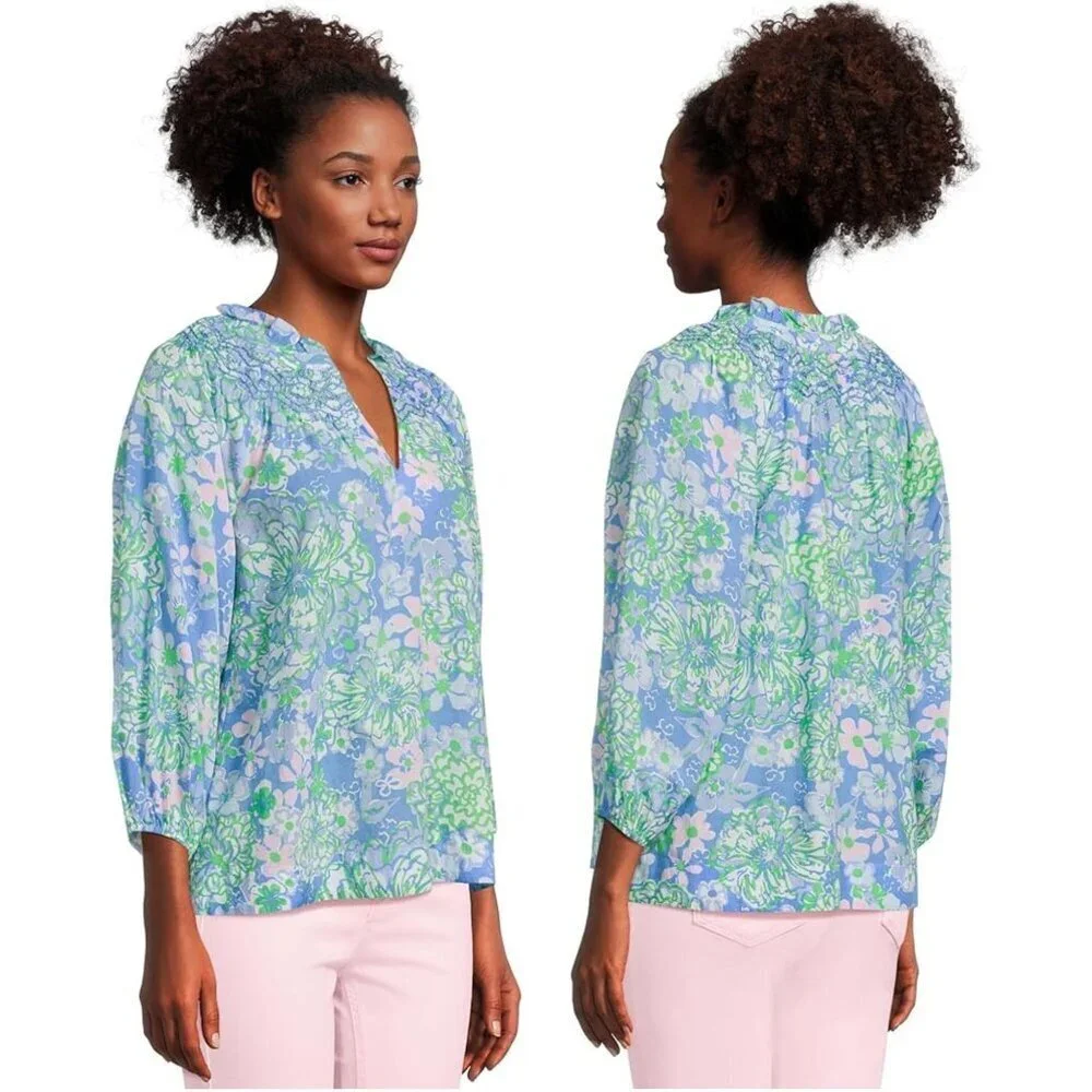 Lilly Pulitzer Blue Green Floral Lourdes 3/4 Sleeve Blouse Sz Medium 2090
